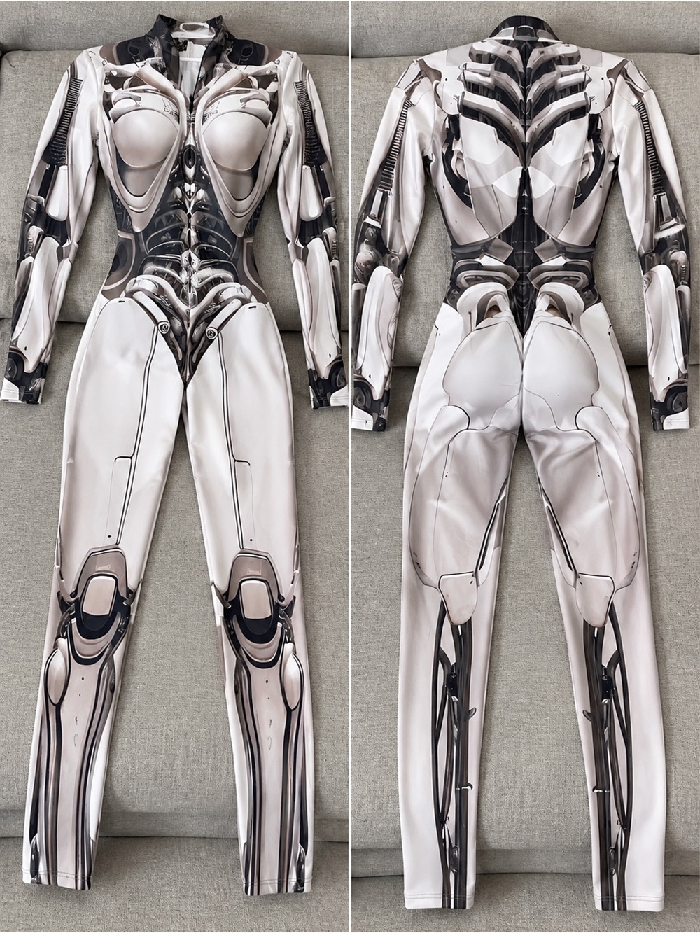 Fitted White & Black Mechanical-Print Full-Length Jumpsuit
